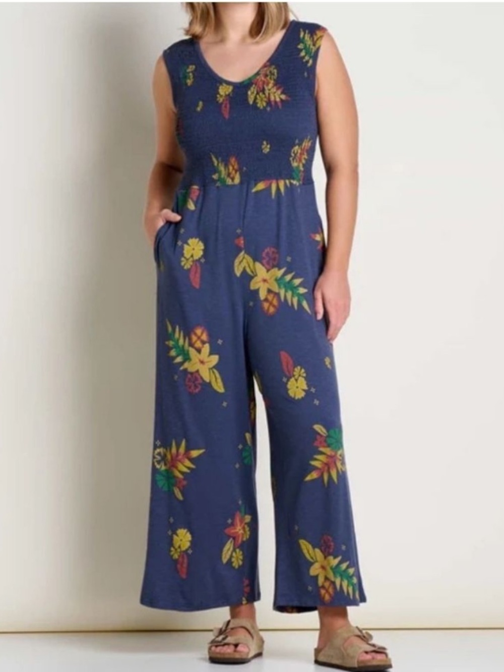 Toad&Co Gemina Smocked Wide Leg Jumpsuit‎ Crop Organic Cotton Floral V-Neck S